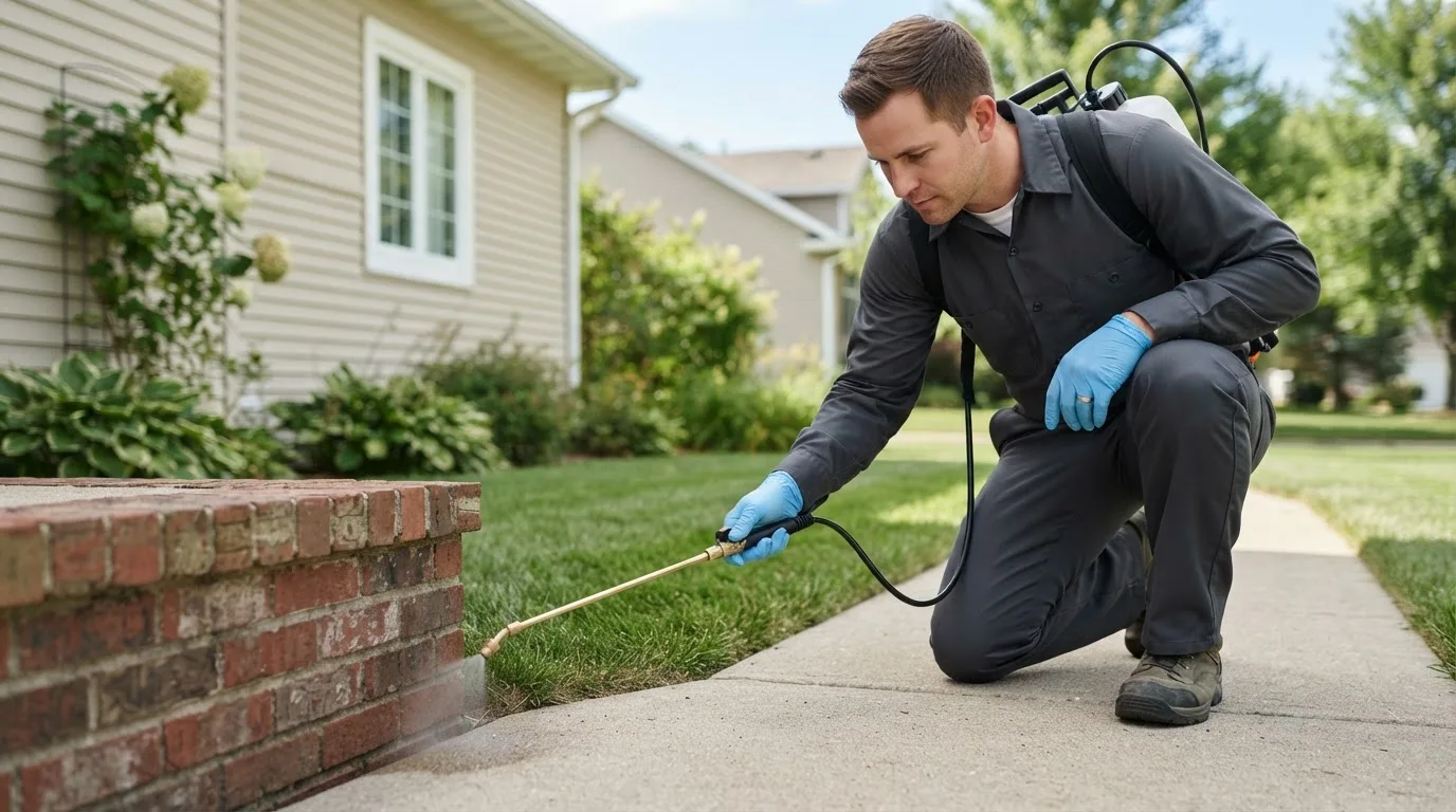 Pest control technician treating a home near Brecksville, OH