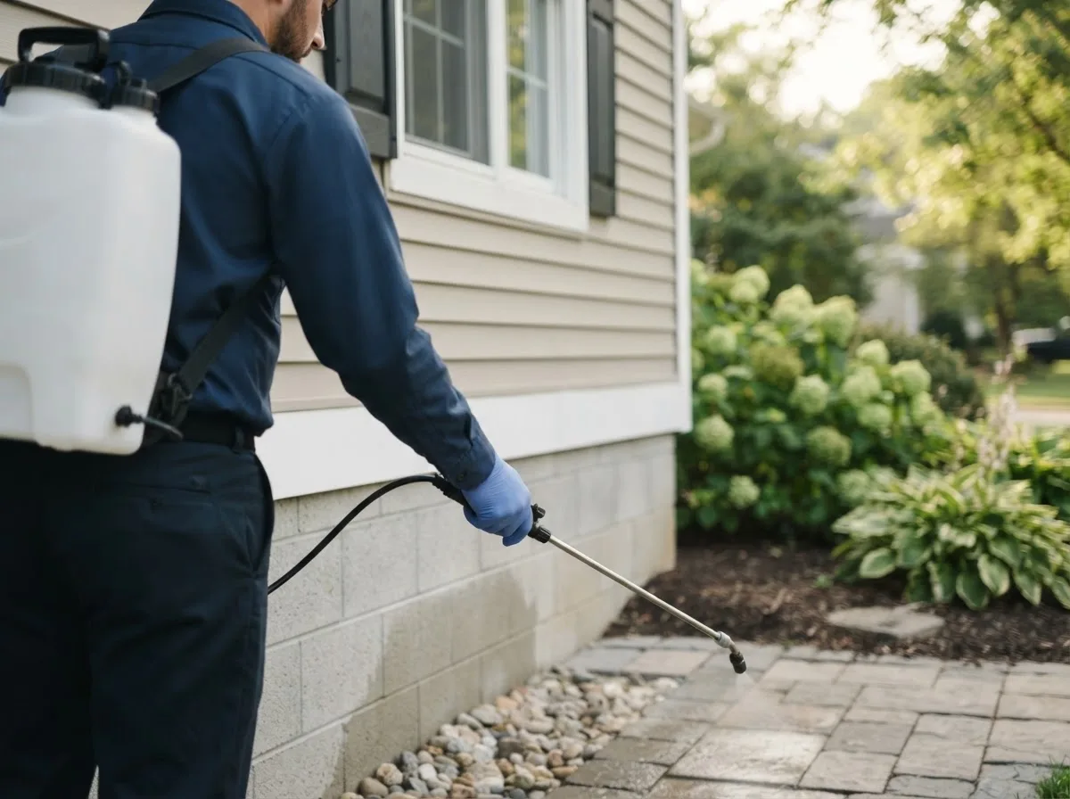 Pest control technician inspecting a home in Brecksville, OH